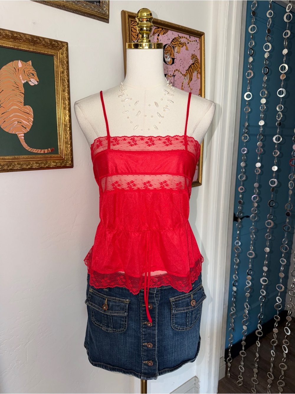 Vintage Sears Red Lace-Trim Spaghetti Strap Camisole